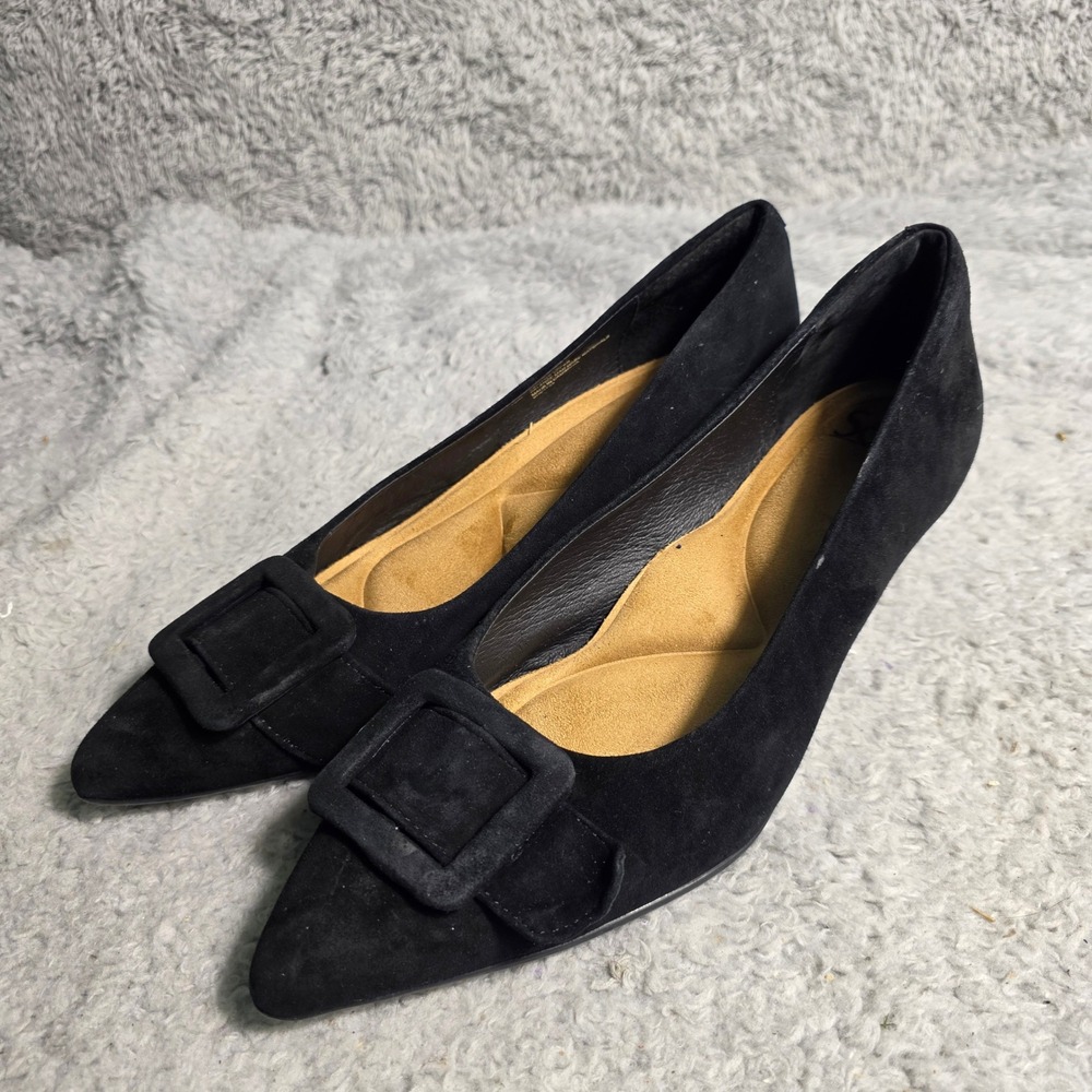 Sofft Pointed Toe‎ Buckle Pumps Black Suede Kitten Heel Womens 10M Excellent